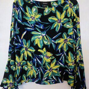 Karen Kane blue floral tunic top with flared sleeves NWOT Size L